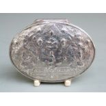 18th century hallmarked silver snuff box, the embossed baroque lid with enthroned figure opening