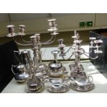 Quantity of silver plate including two pairs of three branch candelabra, height of tallest 47cm,