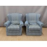 Pair of upholstered armchairs with blue stripes, H54 x W52 x D65cm