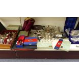 Collection of plated cutlery, cased sets, tea sets, tradesman's cutlery samples and hallmarked