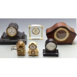 Six clocks to include slate drum cased Victorian Japy Freres example striking on a bell, a 19thC