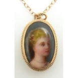 A 9ct gold necklace set with a porcelain portrait, 3.3g