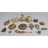 19thC and later brass and copper ware including cast plaque with lugs, Elizabeth I plaque, coin