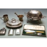 Quantity of silver plate including warming dish, bronze or similar pestle and mortar etc