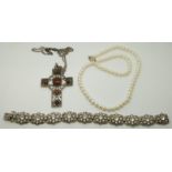 A silver bracelet set with paste, a cultured pearl necklace and a silver cross pendant set with