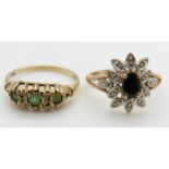 A 9ct gold ring set with a sapphire and diamonds and a 9ct gold ring set with emeralds, 4g,