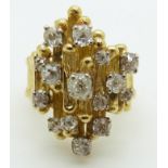 An 18ct gold bespoke ring set with 15 old cut diamonds by Hooper Bolton, the largest diamond