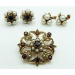 Two pairs of 9ct gold earrings and a 9ct gold brooch set with garnets and pearls