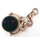 A 9ct rose gold swivel fob set with blood stone and agate, Chester 1892, 4.7g