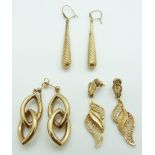 Three pairs of 9ct gold earrings, 7.5g