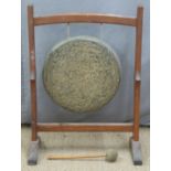 19thC pitch pine or similar Gothic style dinner gong, W62 x H88cm
