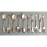 Five Victorian hallmarked silver Fiddle pattern dessert forks and five Victorian dessert spoons,