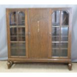 Glazed oak bookcase/ display cabinet, W137 x D33 x H132cm