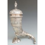 19thC Danish white metal lidded cornucopia centerpiece with bands of scrolling and decoration,