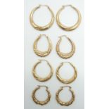 Four pairs of 9ct gold hoop earrings, 8.6g
