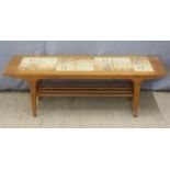 Retro tile inset coffee table with slated undershelf, H40 x W124 x D42cm