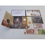 A small collection of modern crowns, 1963 UK coin set, banknotes etc