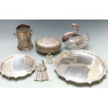Quantity of silver plate to include two salvers with gadrooned edges, raised on scroll feet,