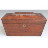 19thC rosewood sarcophagus shaped tea caddy with glass central mixing bowl, width 28cm