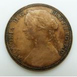 Victorian 1860 young head bronze penny BB; NEF with lustre