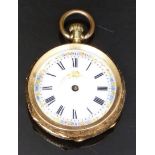 An 18ct gold pocket watch with black Roman numerals, floral decorated white enamel dial, engraved