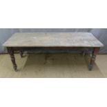 19thC pine plank top kitchen table, L206 x W82 x H74cm