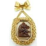 Victorian filigree and bow brooch set with chalcedony and a carved scene of a women and cherub, 3.