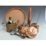 Quantity copperware including jelly moulds, tray, cider bottles and an animal trap