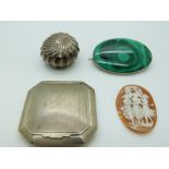 A white metal silver compact, malachite brooch, hallmarked silver pot (Birmingham 1898) and a cameo