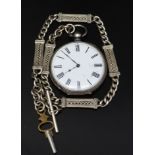 Continental silver pocket watch marked 'Fine Silver' with black Roman numerals, white enamel dial