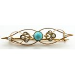 Edwardian 9ct gold brooch set with a turquoise cabochon and seed pearls, 1.8g