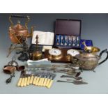 Copper spirit kettle on stand, brass pestle and mortar, cased cutlery, barometer etc