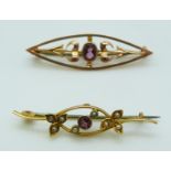 Two 9ct gold brooches, one set with an amethystthe other with seed pearls and an amethyst