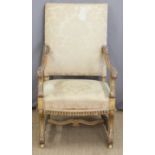 French upholstered distressed gilded armchair, width 65cm