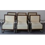 Set of six retro brushed stainless steel and wooden framed designer armchairs with white leatherette