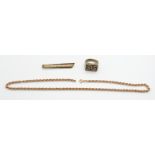 A 9ct gold rope twist chain (3.8g), silver ring and tie clip