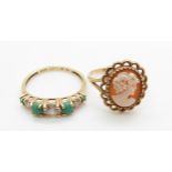 A 14ct gold ring set with cubic zirconia and turquoise and a 9ct gold ring set with a cameo