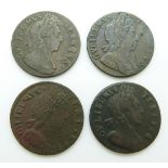 A group of four William III halfpennies including 1696, 1700 and 1701