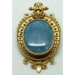 An early Victorian pendant / brooch with sphere and rope detail, set with blue agate, length 6cm x