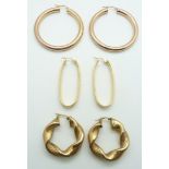 A pair of 9ct gold hoop earrings (8g) and two pairs of Milor earrings