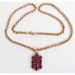 A 9ct gold necklace with a 9ct gold pendant set with 10 oval cut rubies and diamonds, 37.5g