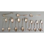 Two sets of six hallmarked silver coffee or teaspoons, one set with tongs together with further