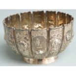 Victorian hallmarked silver bowl of lobed design decorated with oriental scene. London 1868 maker