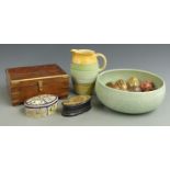 Russian lacquer boxes and eggs, brass-bound box and Shelley and Crown Devon ceramics