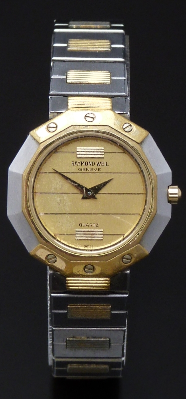Raymond Weil ladies wristwatch ref. 8033 with gold dauphine hands, striped gold dial, faceted bi-
