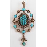 Victorian pendant / brooch set with turquoise cabochons and seed pearls, 5cm long