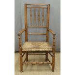 19thC oak rush seated armchair