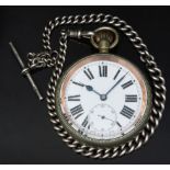 Keyless winding open faced pocket watch with subsidiary seconds dial, blued hands, black Roman