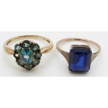 A 9ct gold ring set with a synthetic sapphire and a 9ct gold ring set with topaz, 4.3g