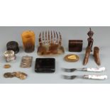 Treen items including carved shoes, snuff box in the form of a book with pull out drawer, aide